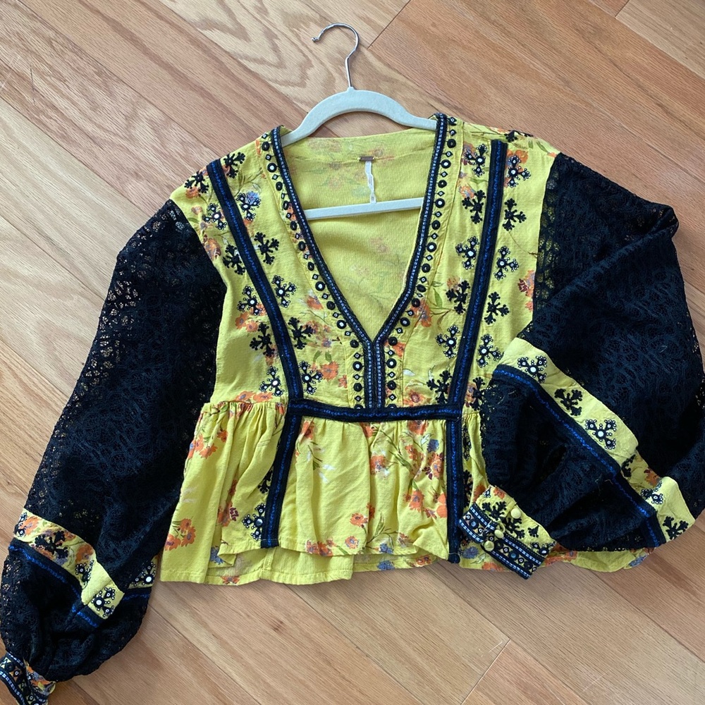 Free People Yellow and Black Embroidered Blouse
